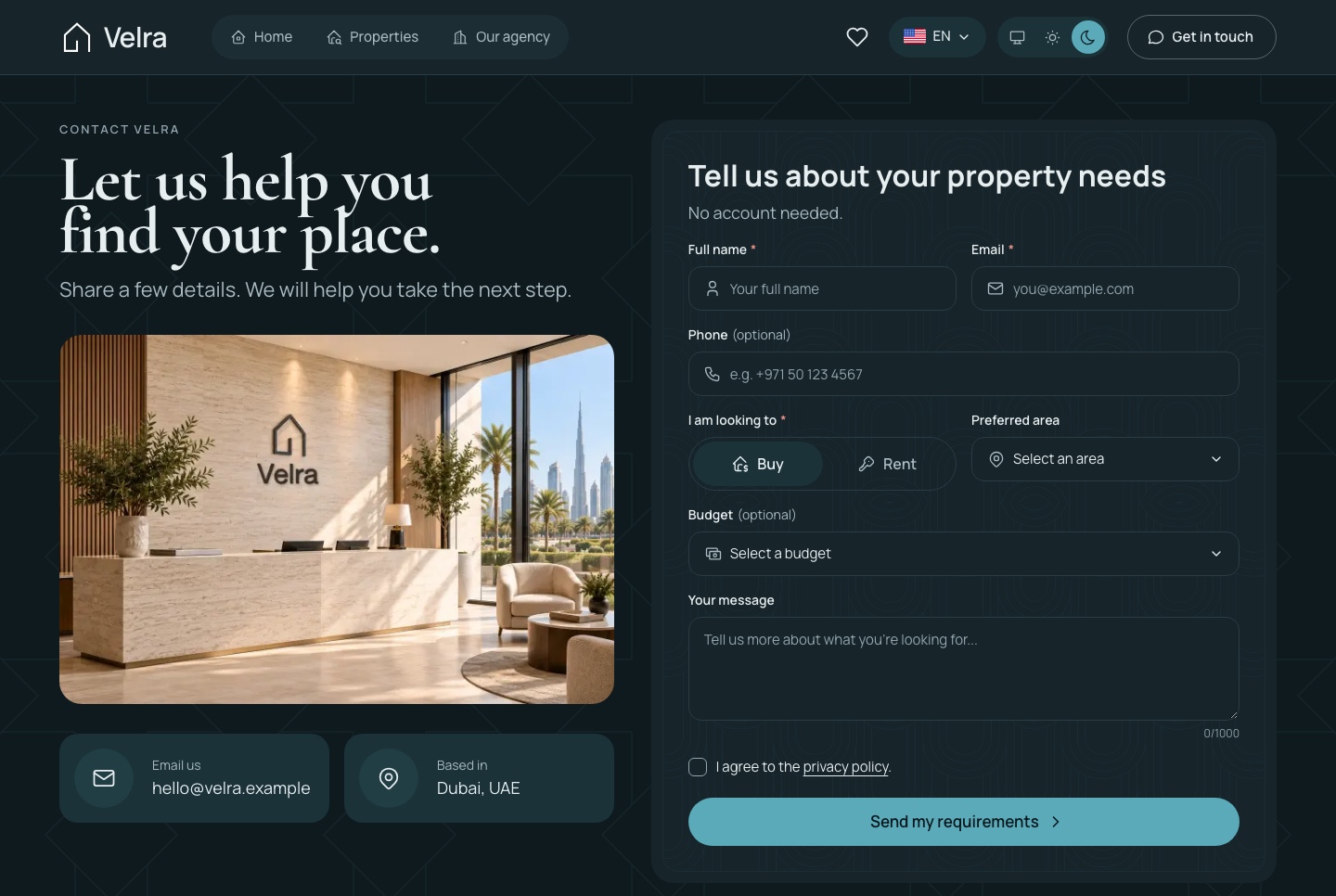 Contact and requirements form, dark theme