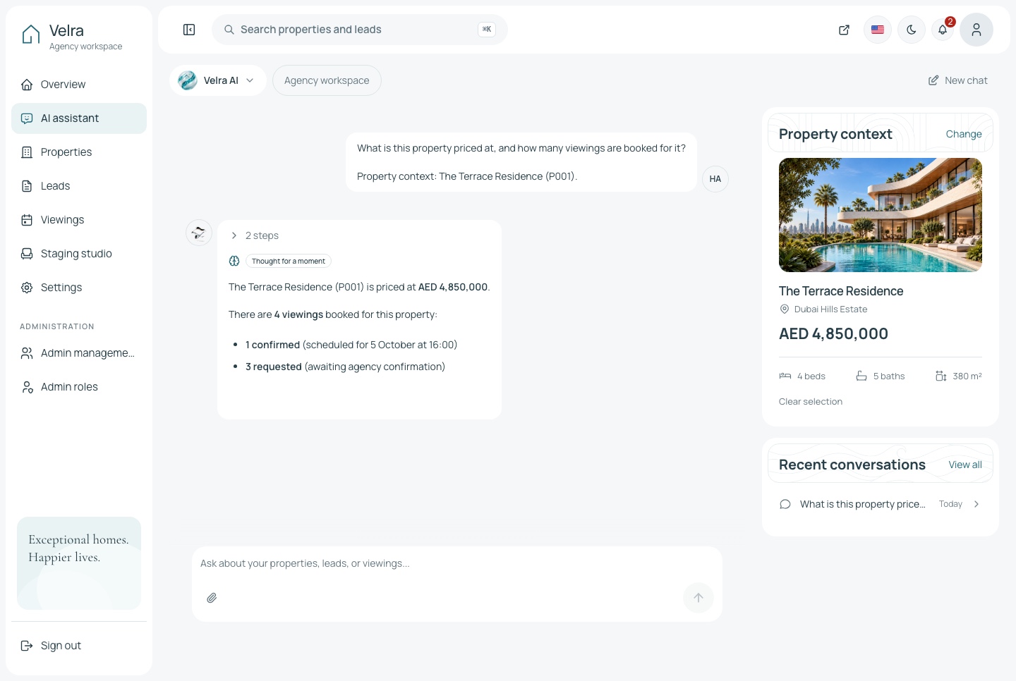 The assistant answering about a property, light theme