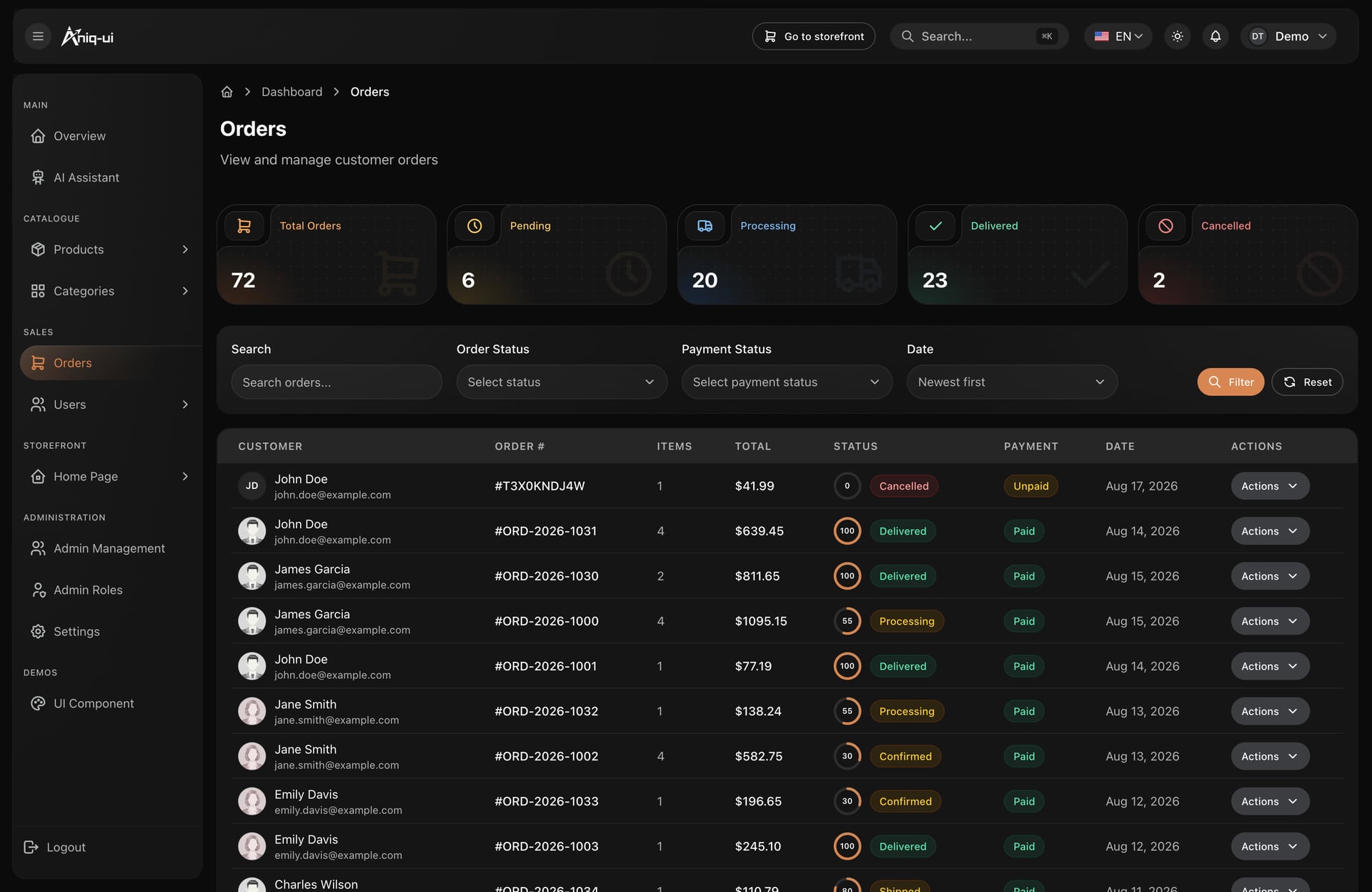 Dark mode e-commerce orders table with tinted status chips, payment states and fulfilment progress rings