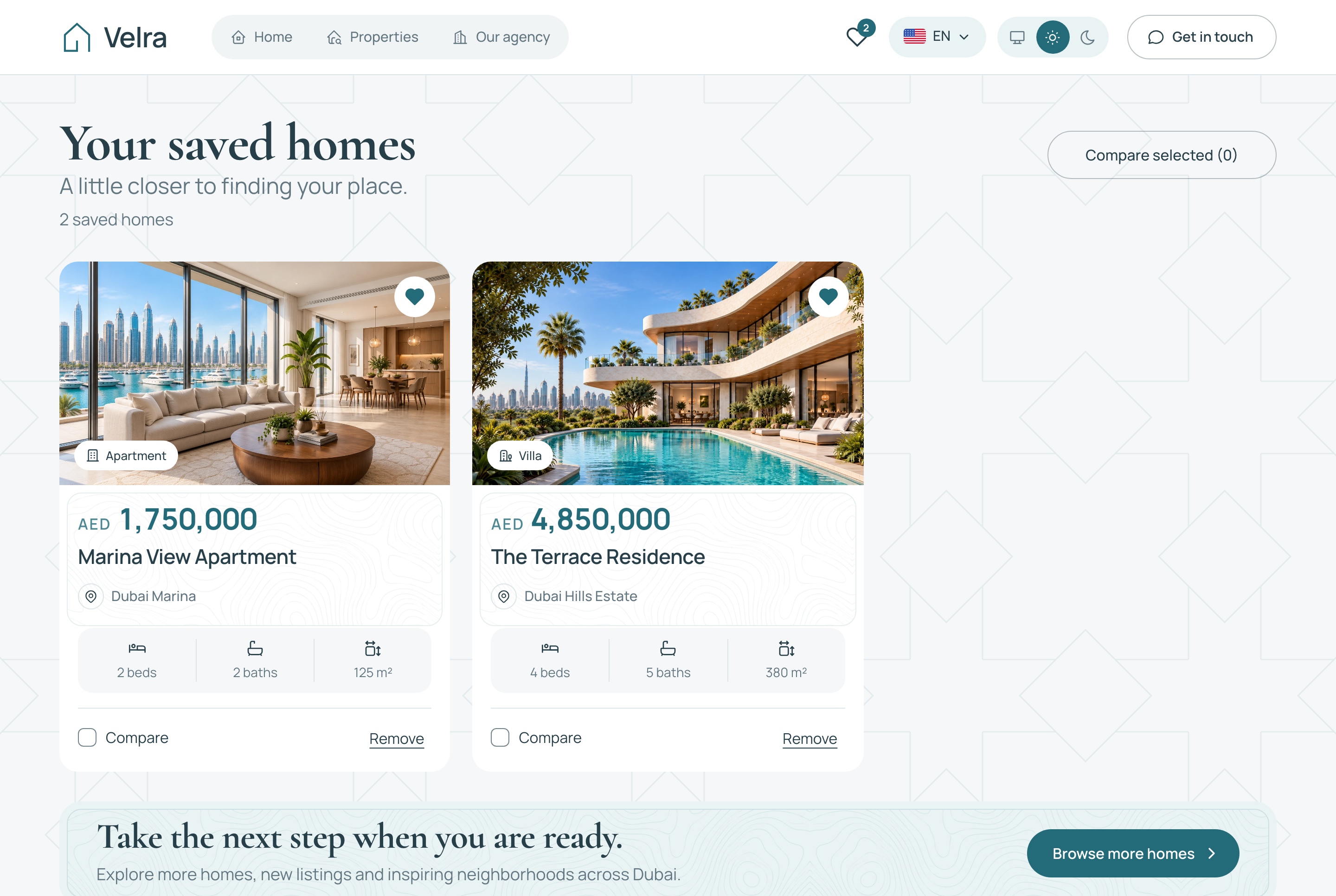 Saved homes on this device, light theme