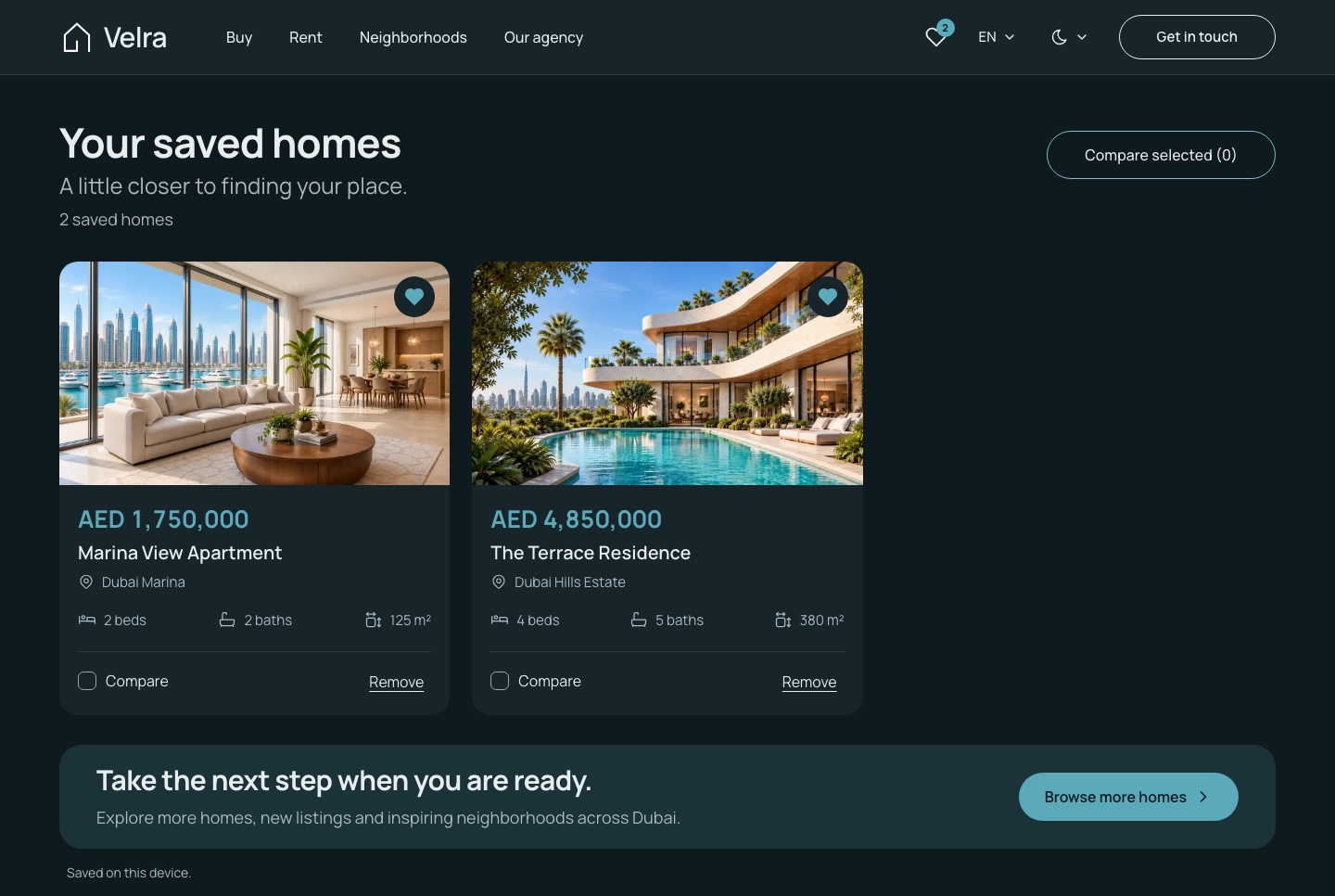 Saved homes on this device, dark theme