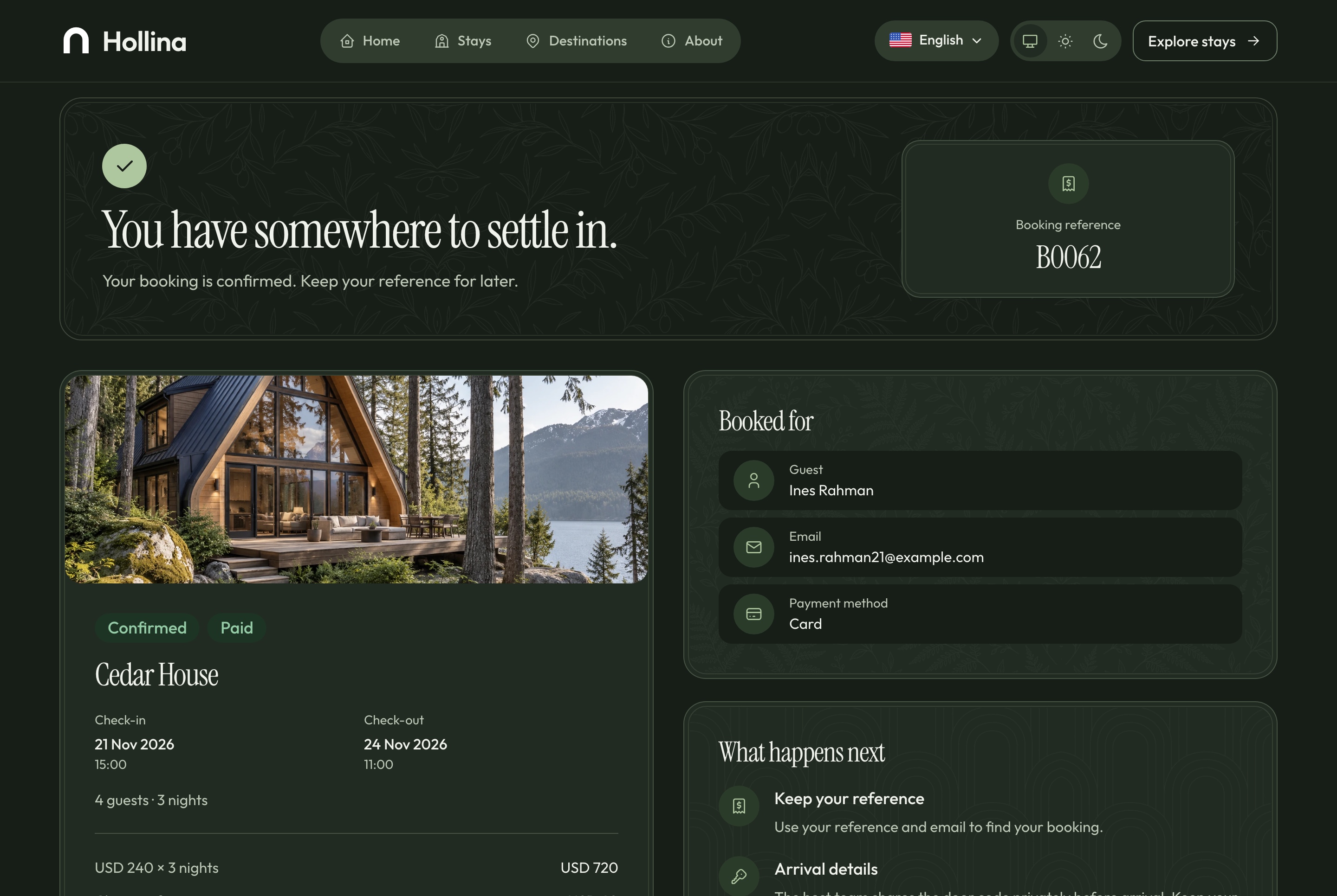 Booking confirmed, dark theme