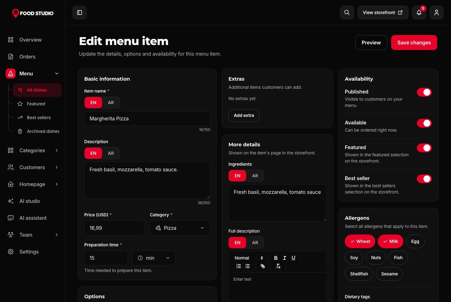Menu item editor, bilingual, dark theme