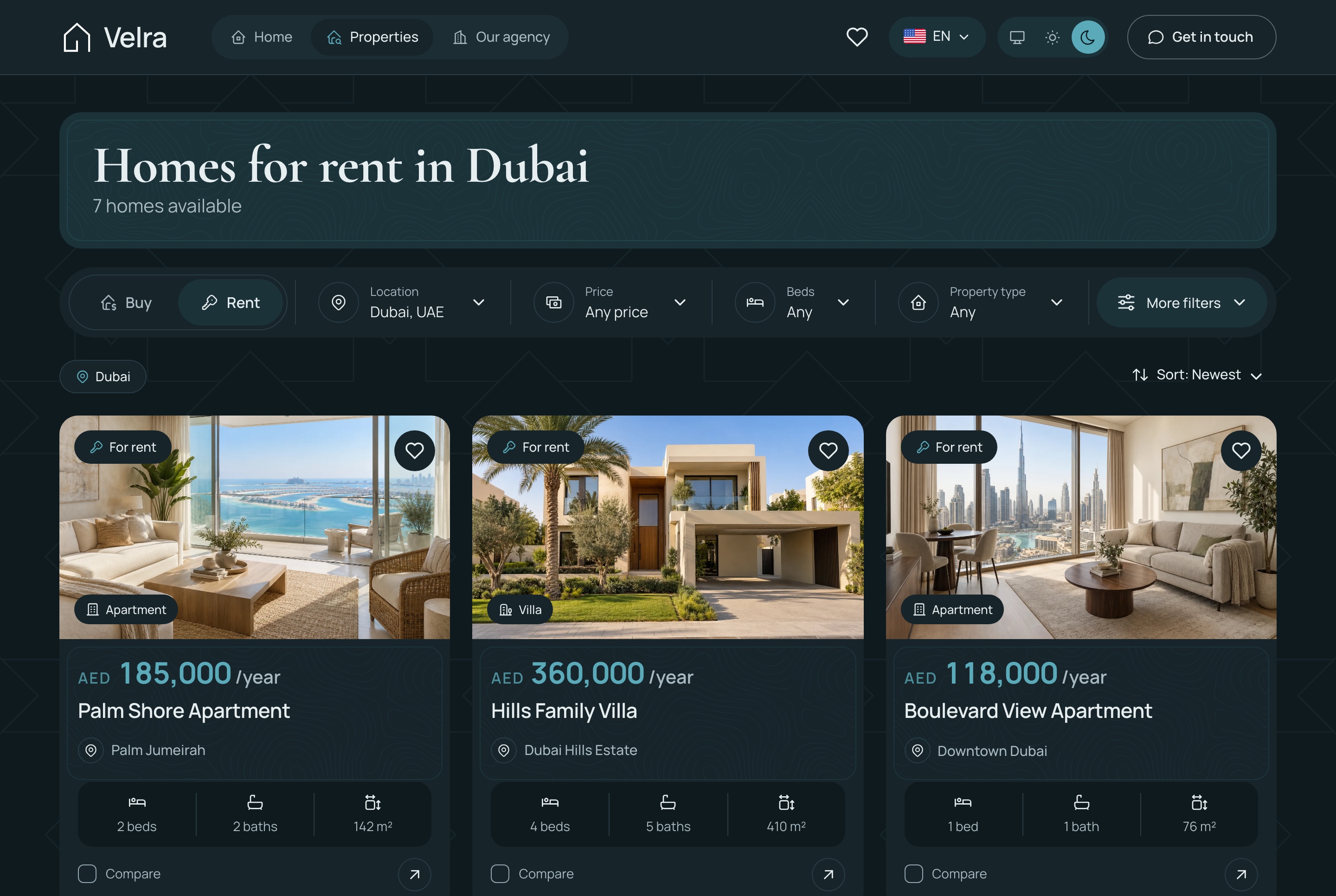 Annual rentals, priced per year, dark theme
