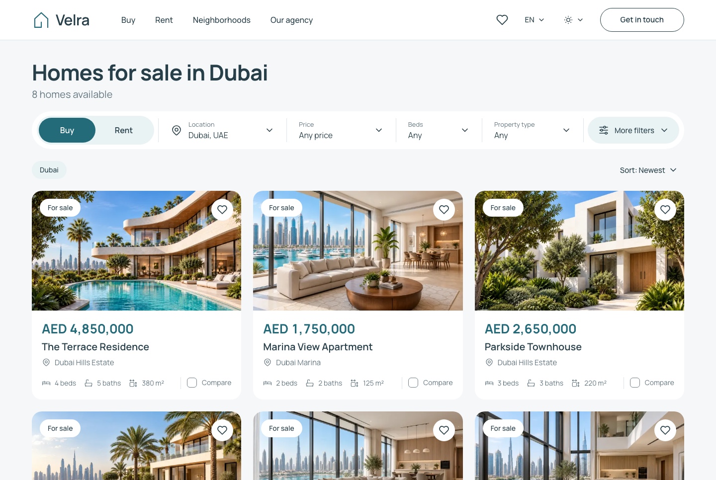 Homes for sale with the filter toolbar, light theme