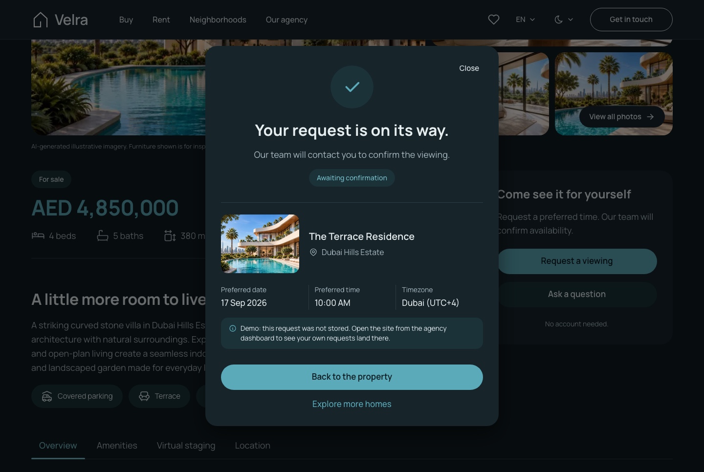 The pending confirmation state, dark theme