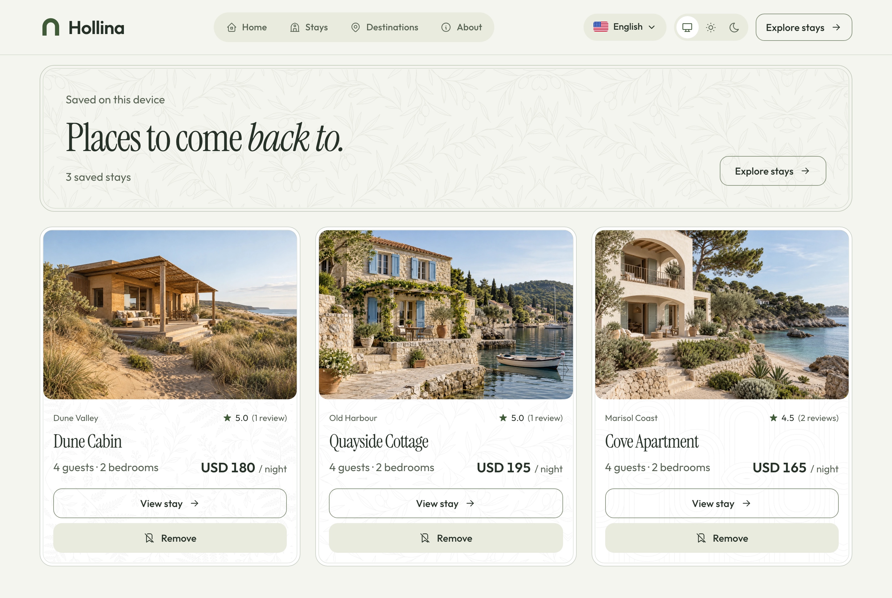 Saved stays, light theme