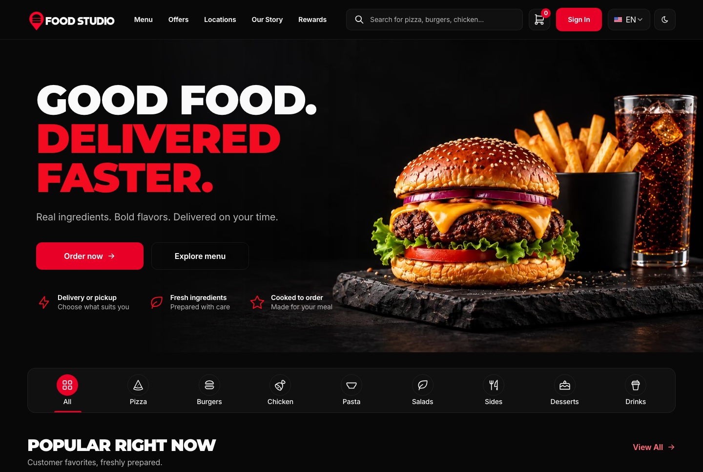 Home: the hero, the order buttons and the category bar, dark theme