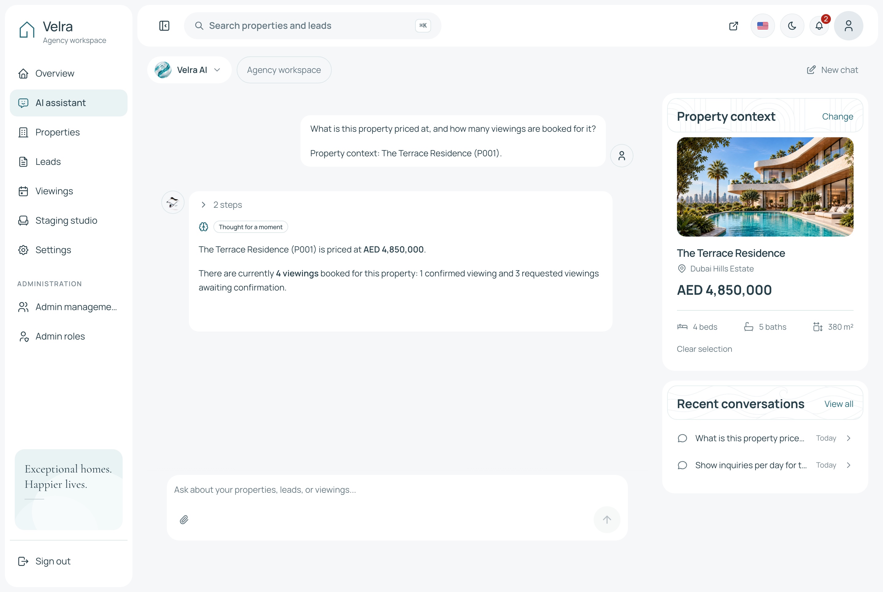 The assistant answering about a property, light theme