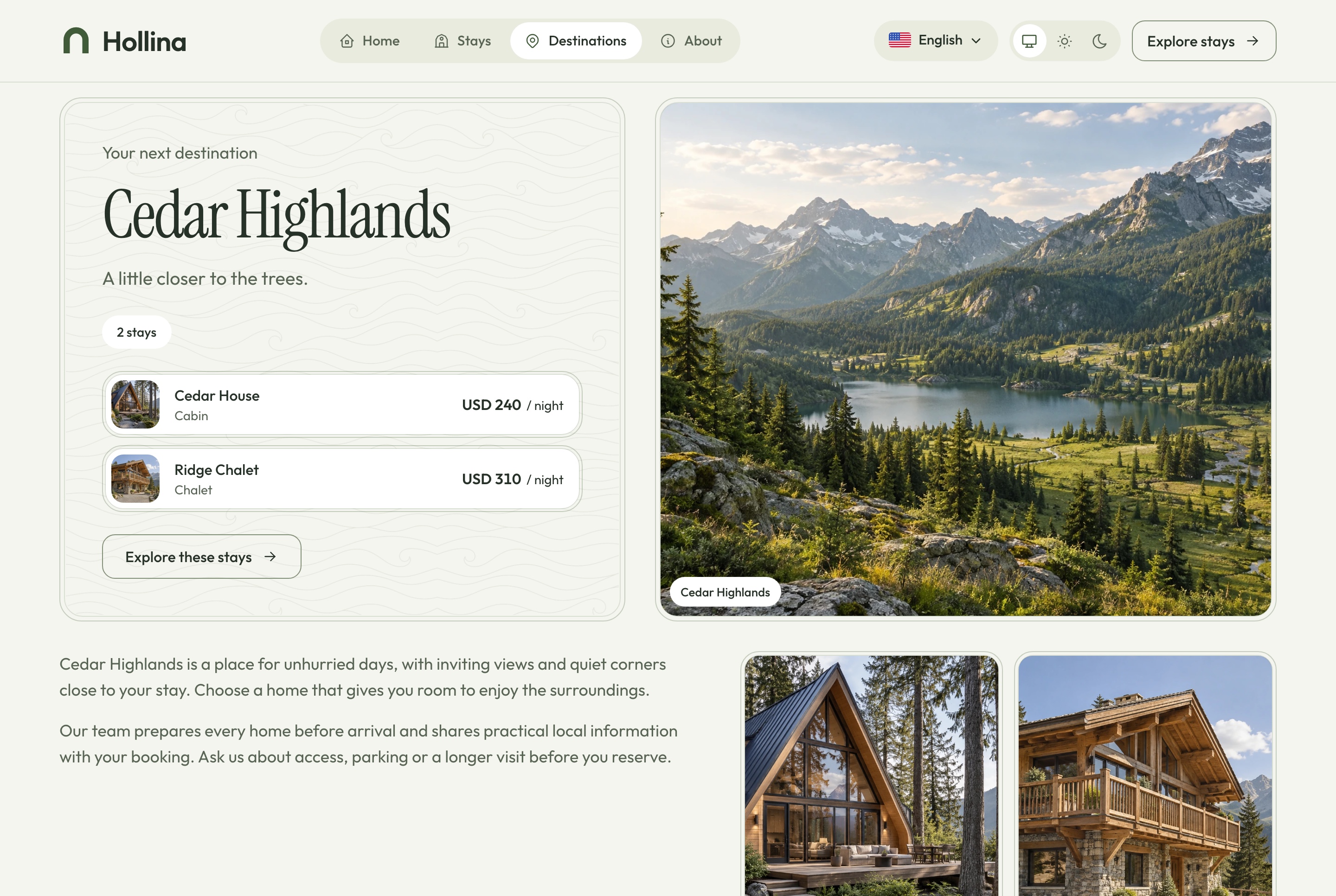 Destination page, light theme