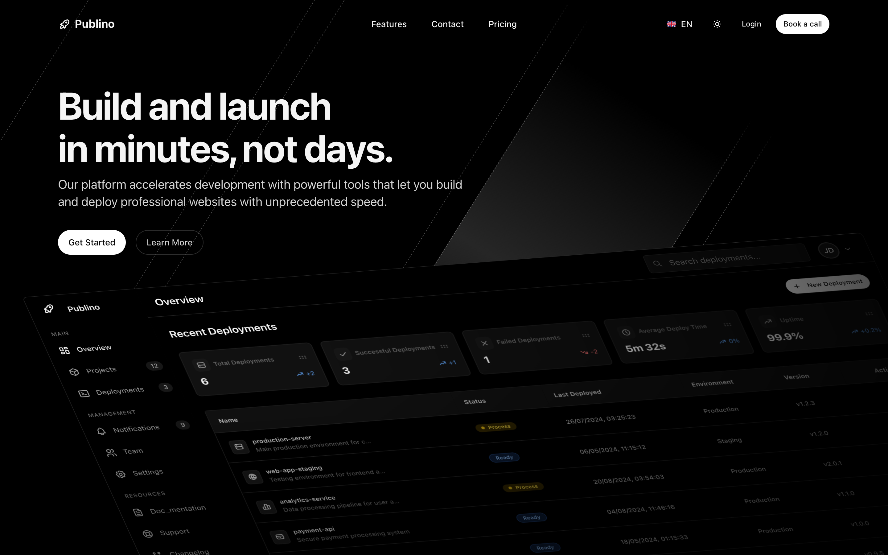 Next.js business landing page template (Publino): home, dark theme