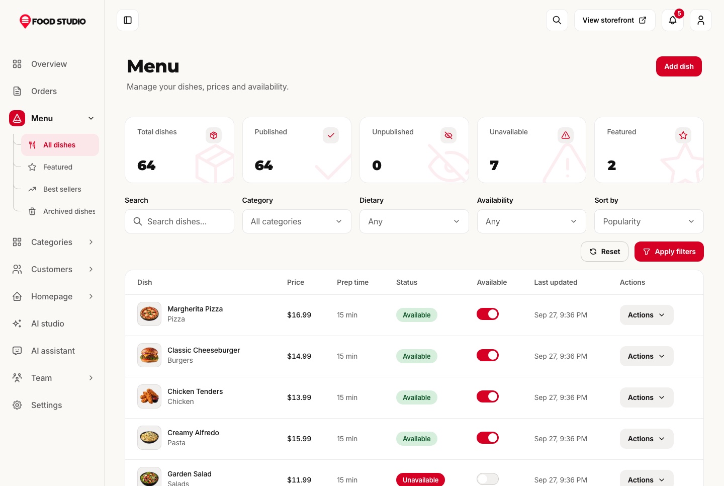 Menu management, light theme