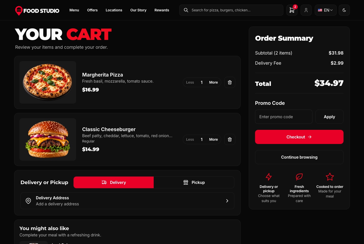 Cart with delivery or pickup, dark theme