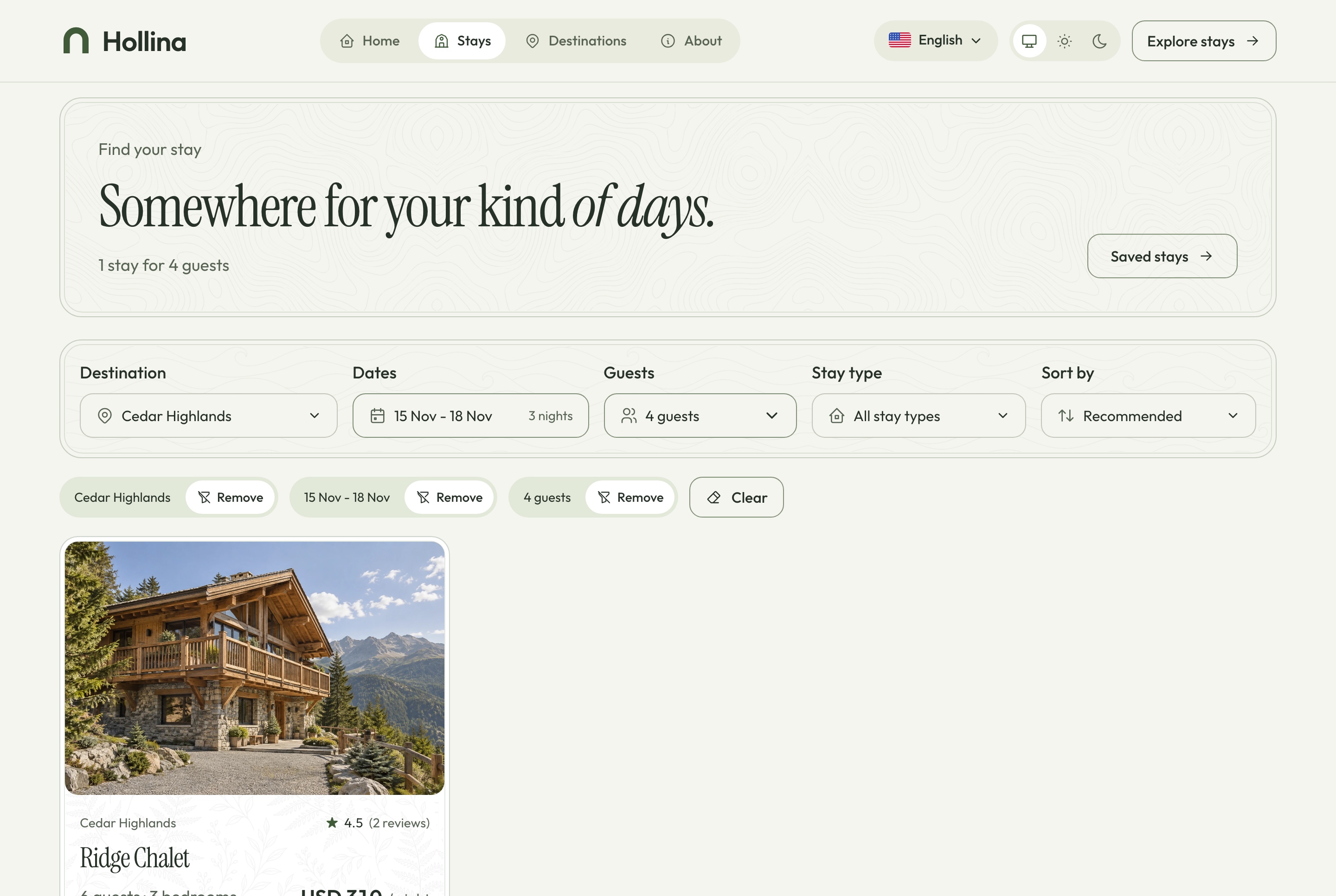 Stays list, filtered, light theme