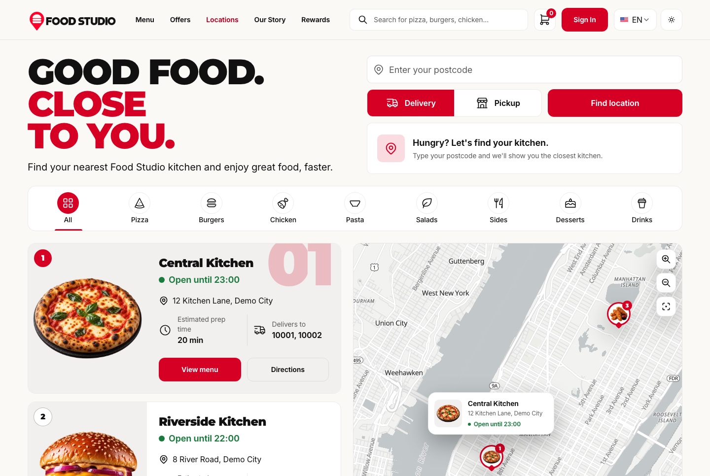 Kitchens on a real map, with a postcode search, light theme