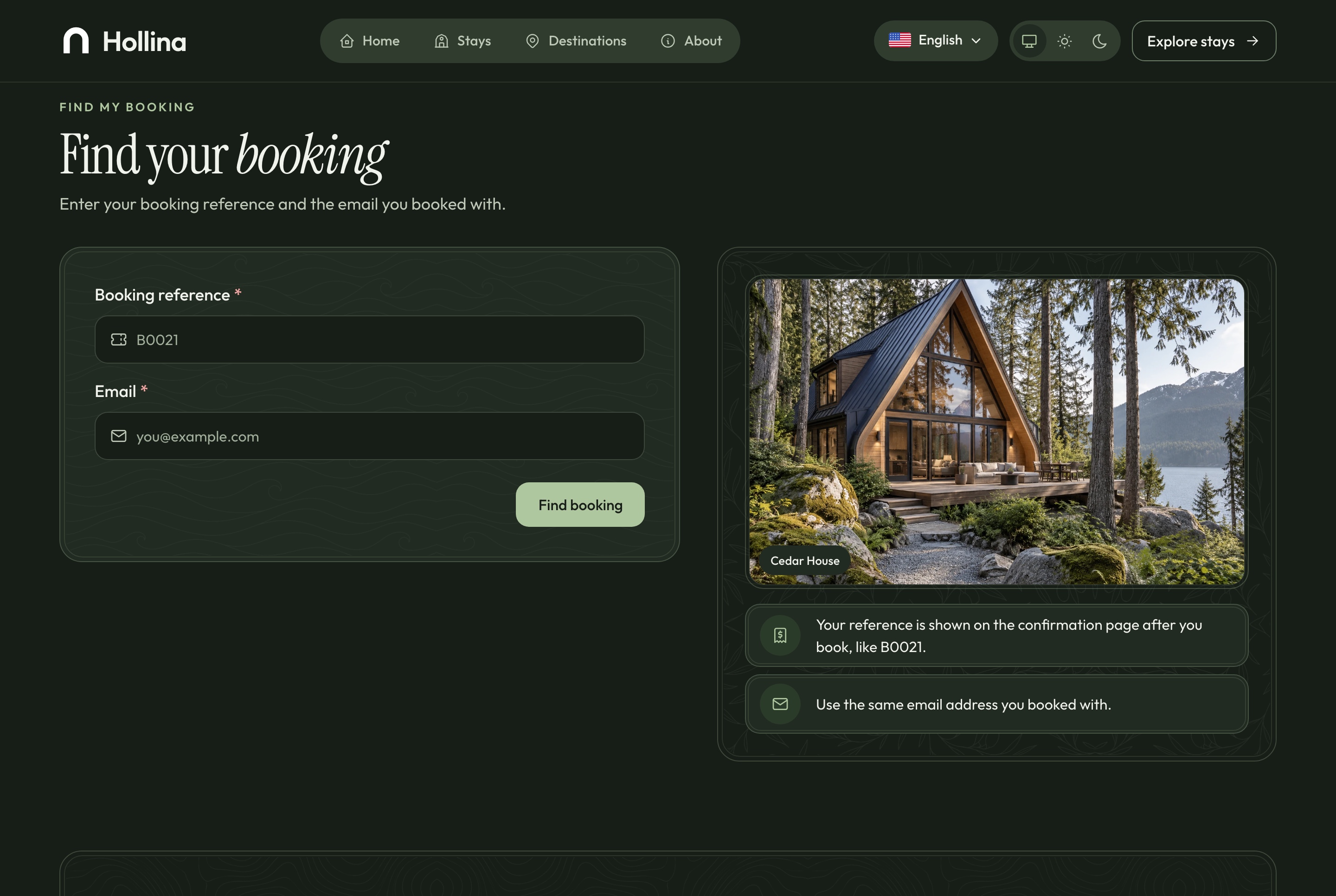 Find a booking, dark theme