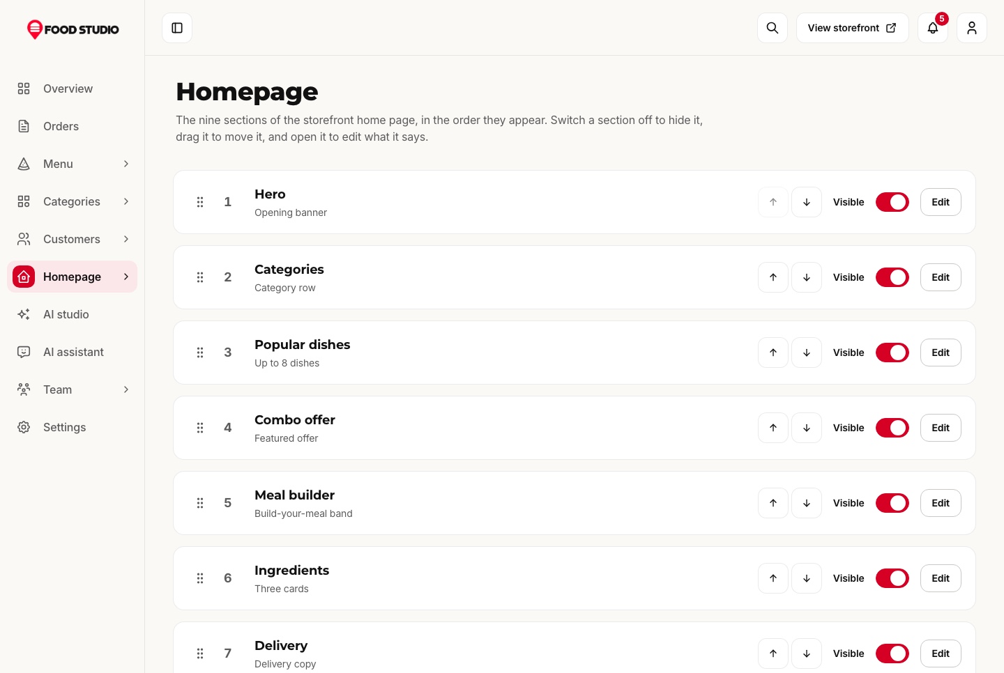 Homepage sections, light theme