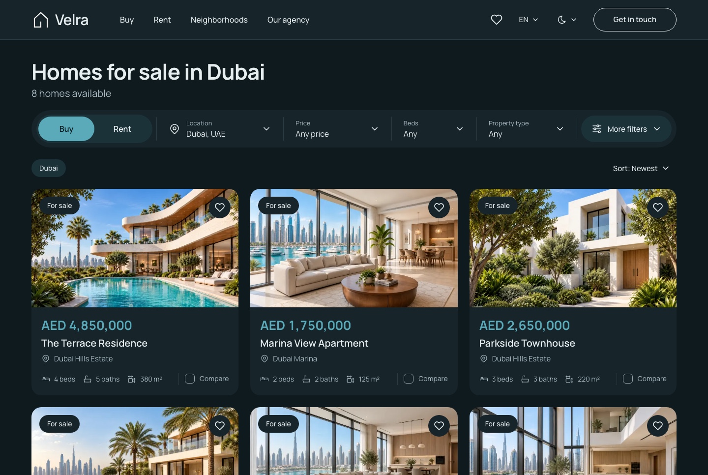Homes for sale with the filter toolbar, dark theme