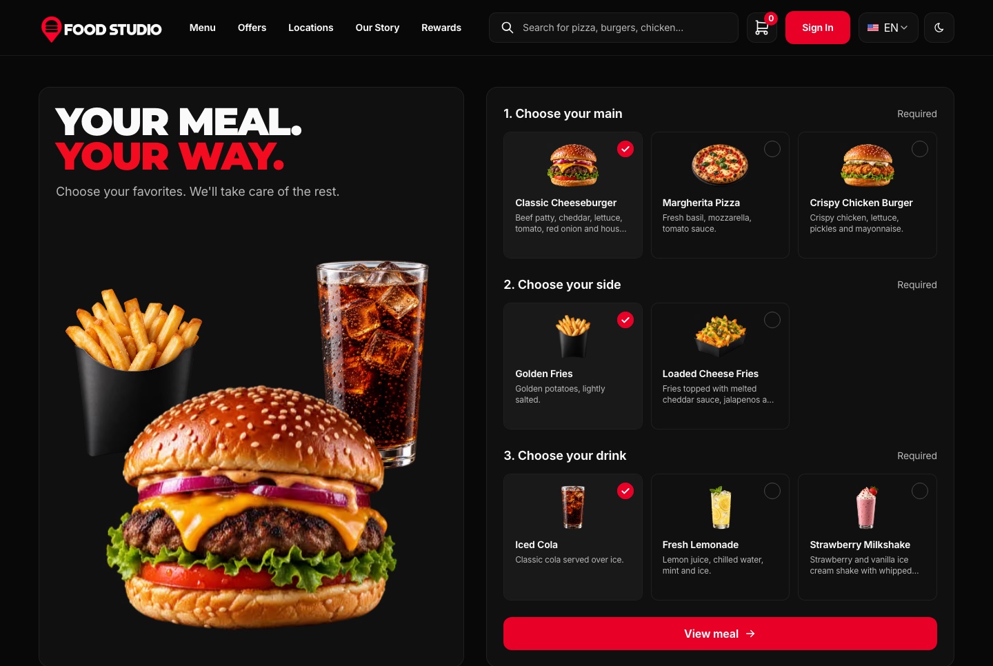 Home: the meal builder, dark theme