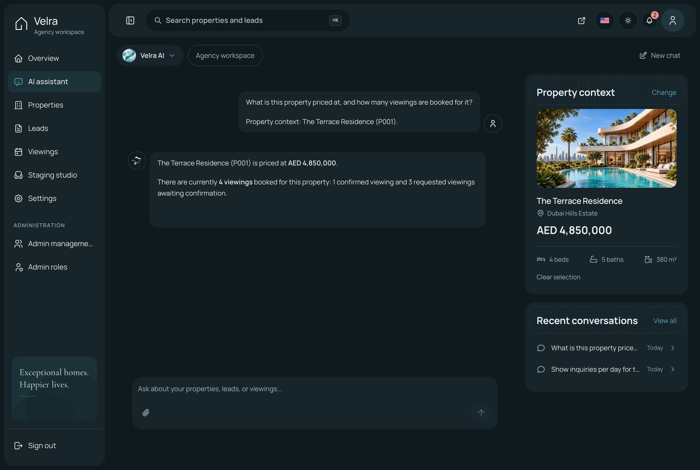 The assistant answering about a property, dark theme