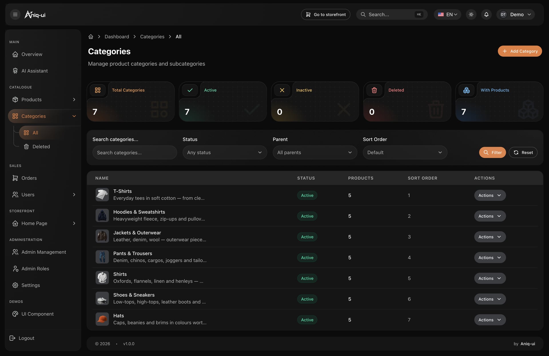 Dark mode product categories list with active counts, parent filters and product counts