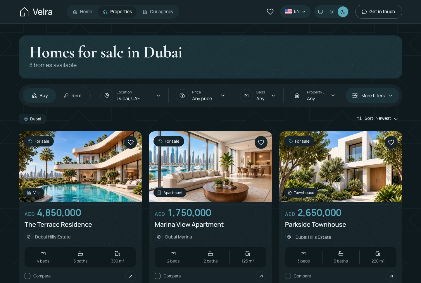 Homes for sale with the filter toolbar, dark theme