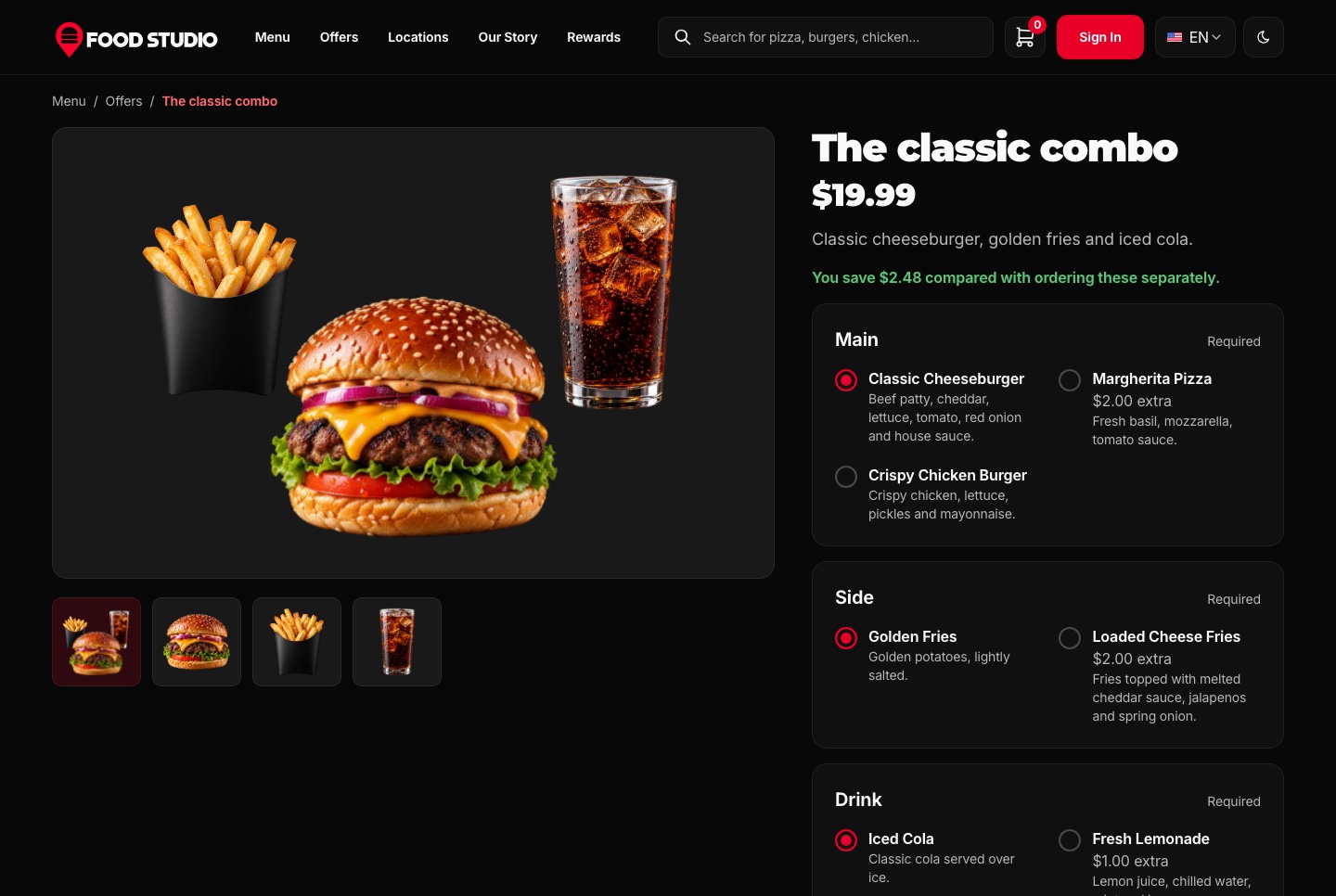 Combo page with a choice per course, dark theme