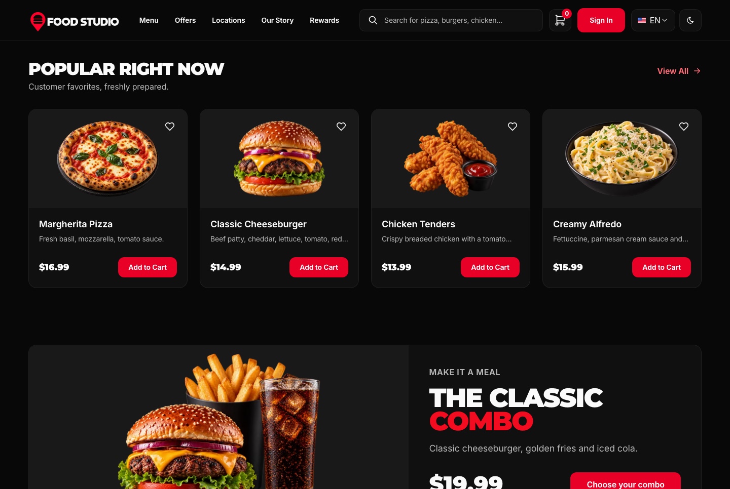 Home: popular dishes and the combo offer, dark theme