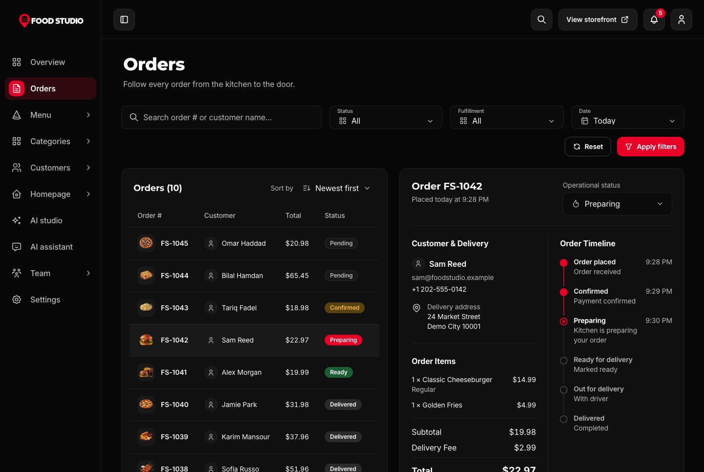 Orders with the timeline of the selected order, dark theme