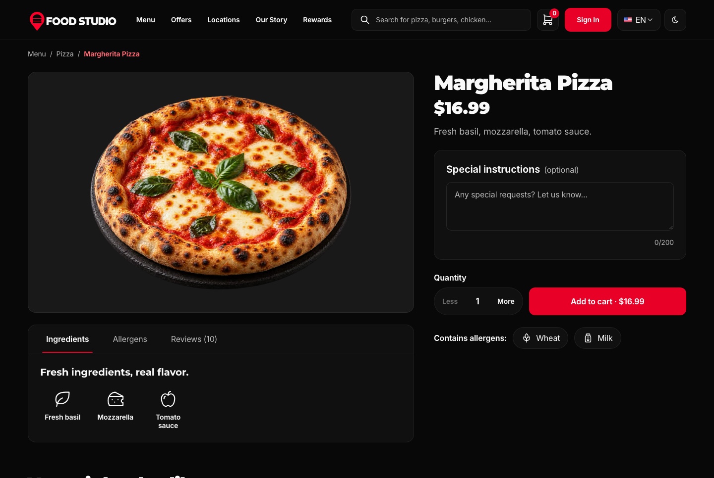 Dish page with instructions, quantity and allergens, dark theme