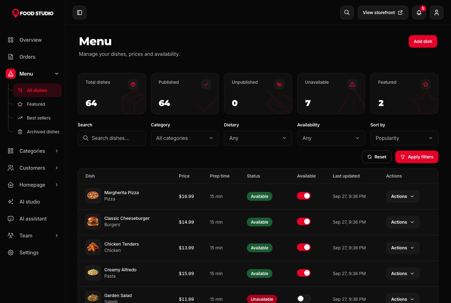 Menu management, dark theme