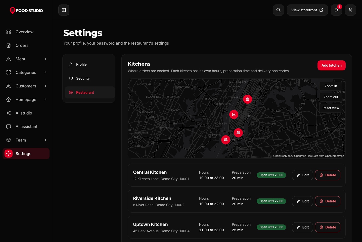 Settings: kitchens on a map, dark theme