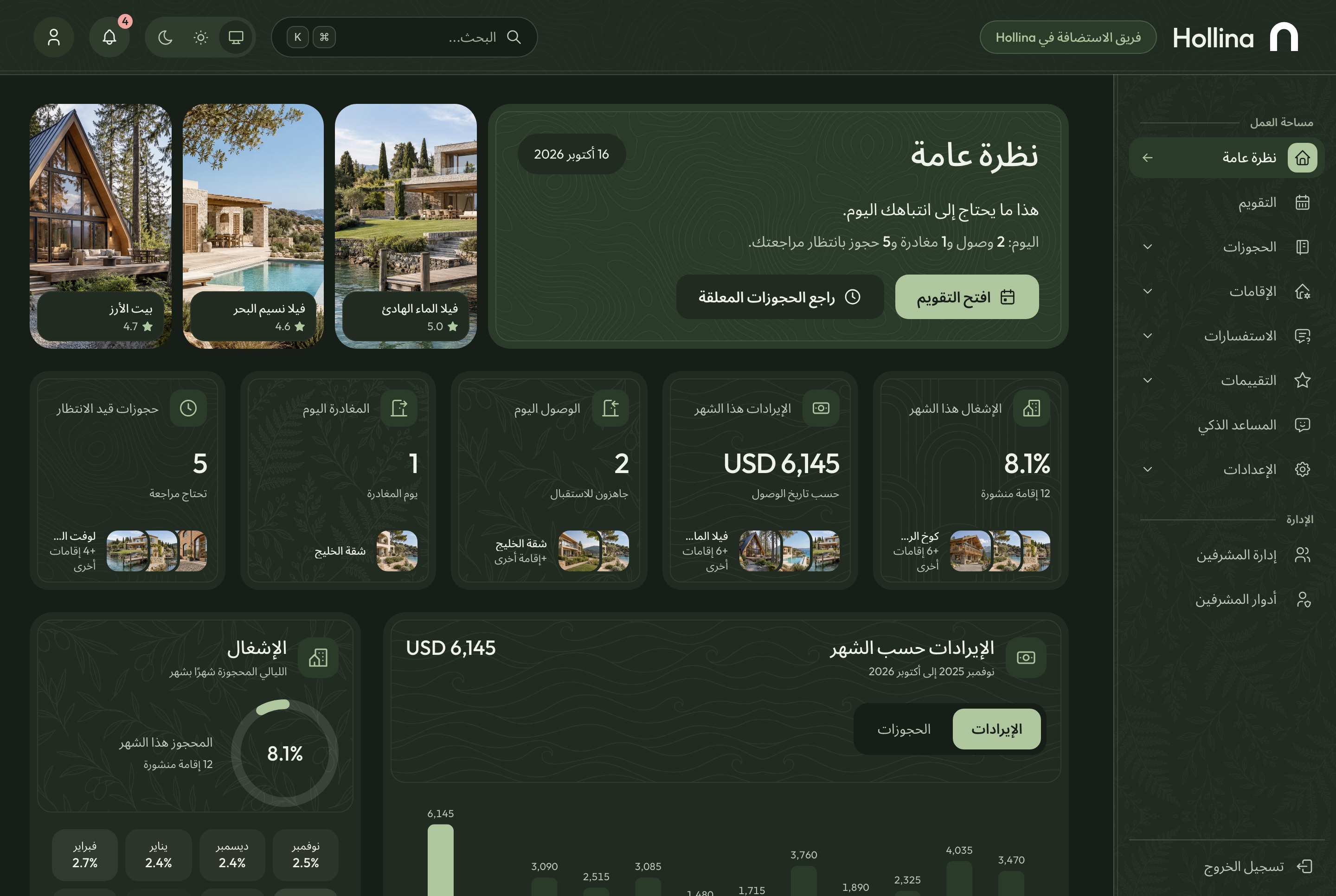 Arabic dashboard overview, dark theme