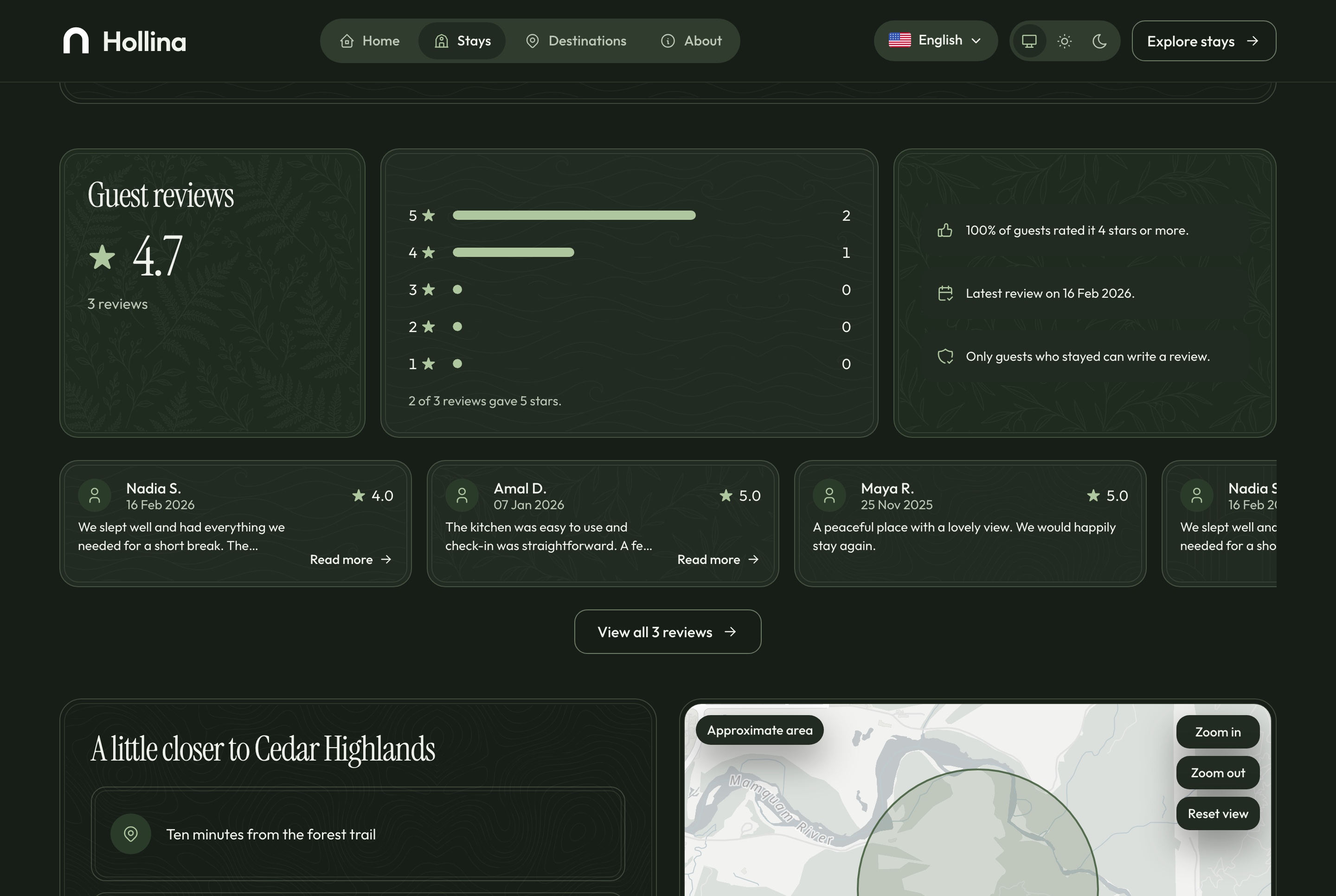 Stay page: guest reviews, dark theme
