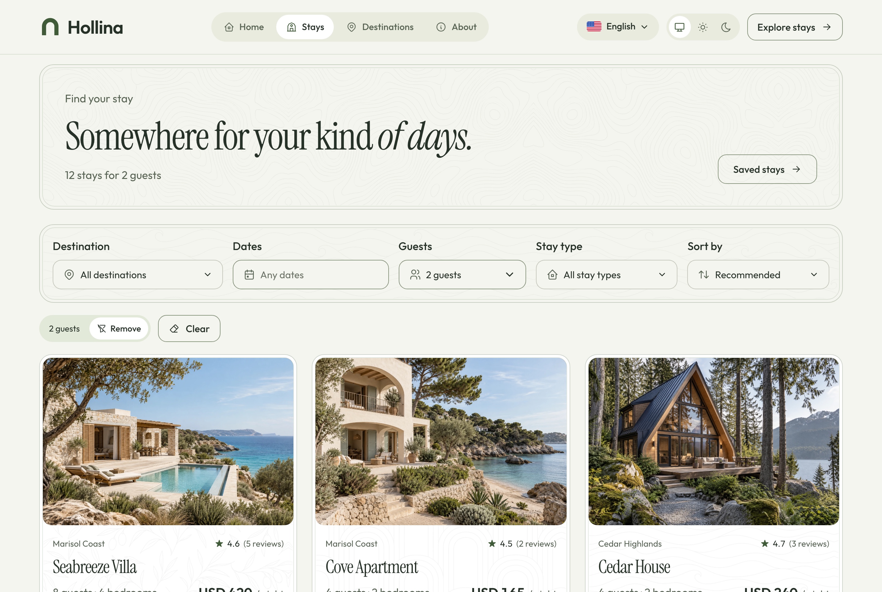 Stays list, light theme
