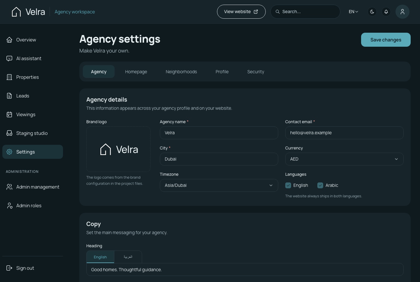 Settings, dark theme