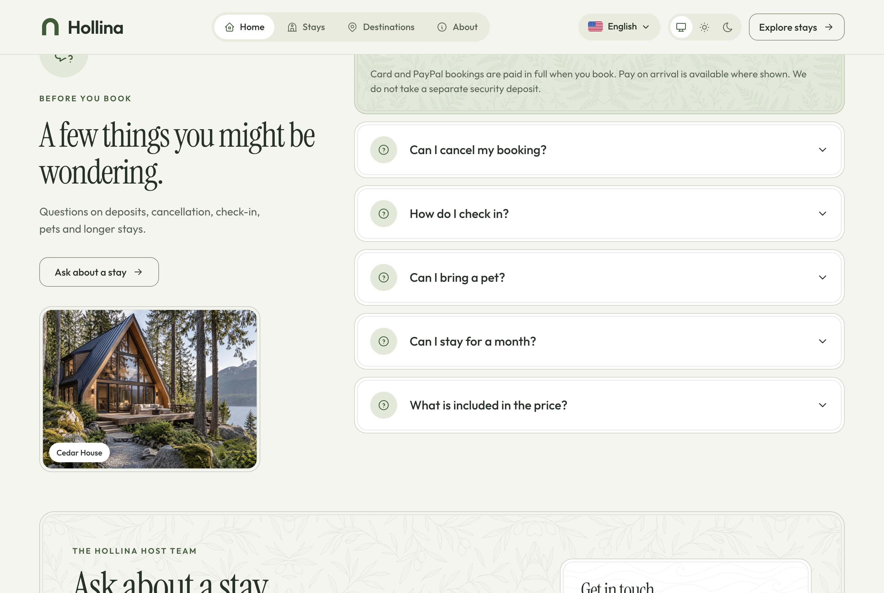 Home: questions and contact, light theme