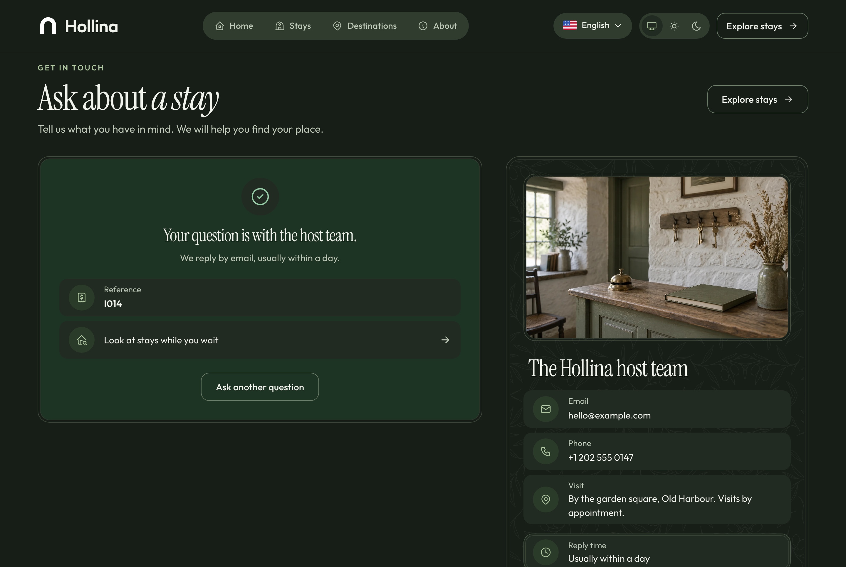 Contact, question sent, dark theme
