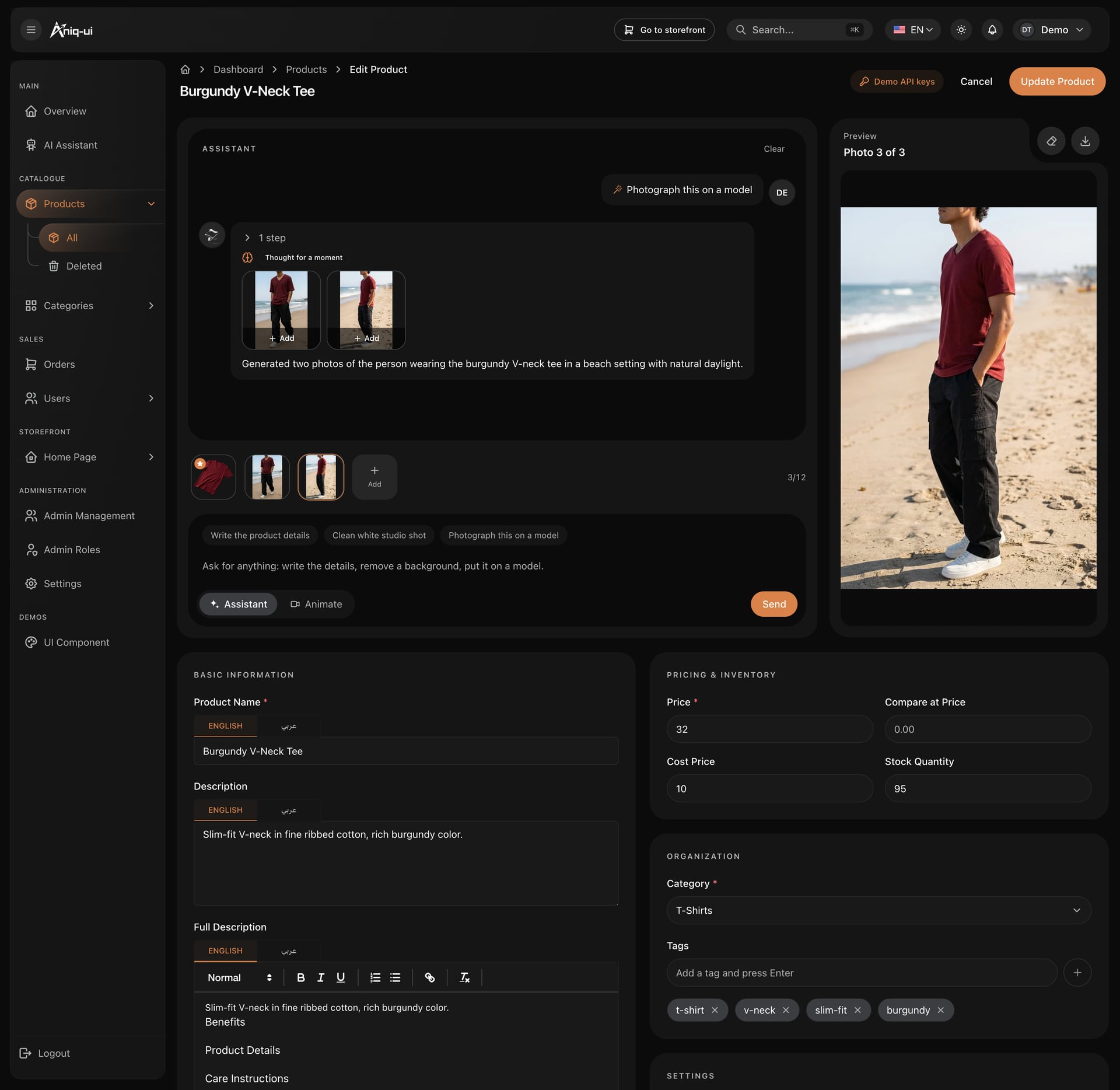 Dark mode product editor with an AI photo assistant, bilingual fields, pricing, stock and tags